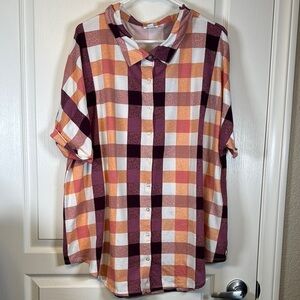 Lularoe Checker Button Down Short Sleeve Blouse Orange Maroon Size 2XL EUC #1902
